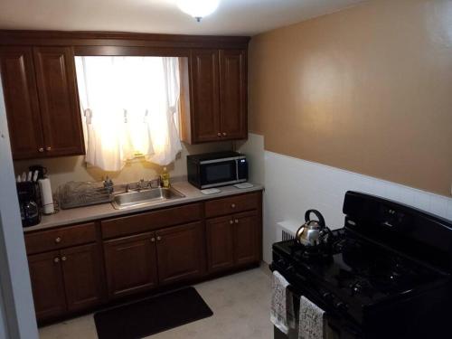 a kitchen with wooden cabinets and a sink and a window at Eddystone - Entire Property 