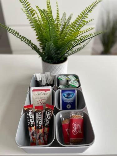 a tray with food and a plant in a vase at Deluxe Apartment in Central Northampton - Heart of Market Square in Northampton