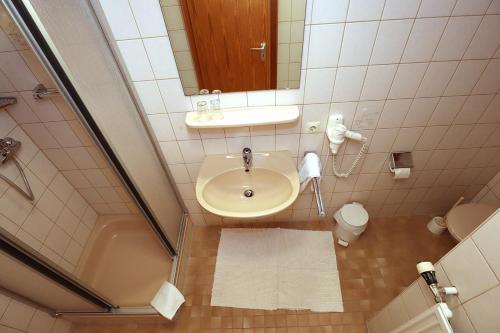 a small bathroom with a sink and a mirror at Gasthof Rebland in Eichstetten