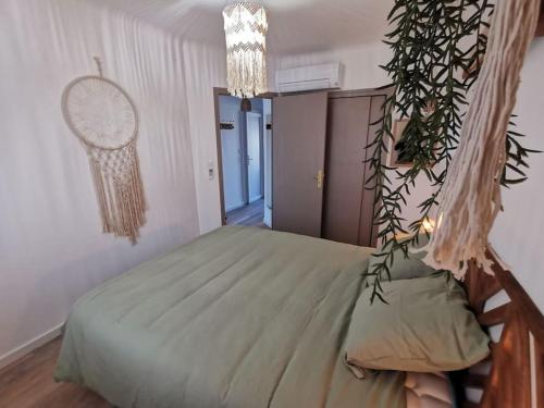 een slaapkamer met een bed met een hangplant bij L'exotic' 1 à 4 voyageurs in Perpignan