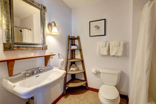 a bathroom with a sink and a toilet and a mirror at Casia Lodge and Ranch in Twisp