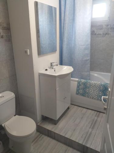 a bathroom with a sink and a toilet and a shower at Bellacasa in Zalău
