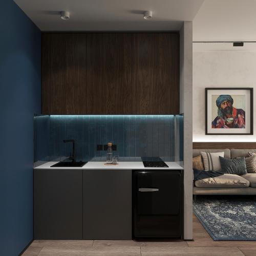 a kitchen with a sink and a counter top at Blueloft 47 l studio with balcony Tashkent City Center in Tashkent