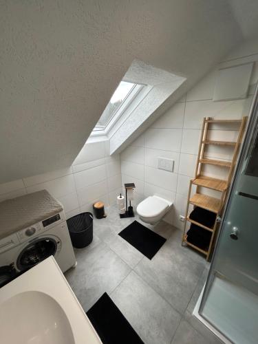 an attic bathroom with a toilet and a sink at SO Apartment Steyr in Sankt Ulrich bei Steyr