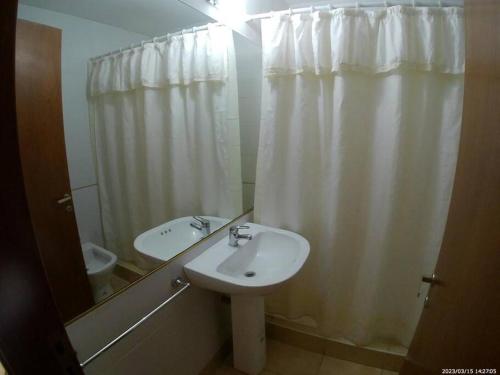 baño con lavabo y cortina de ducha en Hermoso dpto. con patio en Córdoba