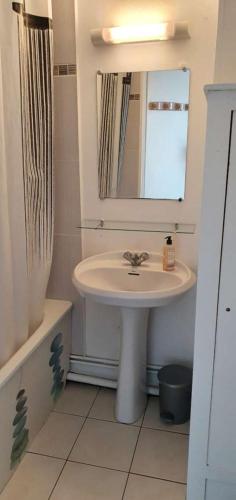 une salle de bain avec un lavabo et un miroir dans l'établissement Gruissan studio aux Amarines au bord de la plage du Grazel, à Gruissan