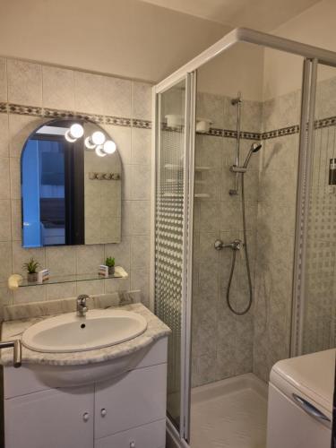 uma casa de banho com um lavatório e um chuveiro em Eau Bleue d'Eden em Saint-Hilaire-de-Riez
