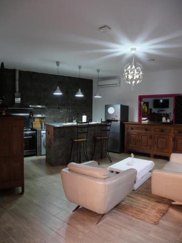 duży salon z kanapą i kuchnią w obiekcie Résidence Canopée w mieście Libreville