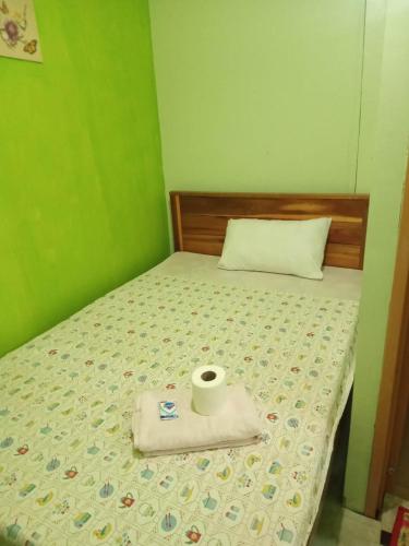 a bed with a roll of toilet paper on it at Archie's Budget Twin Room Rental in San Vicente