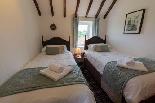 two twin beds in a room with a window at Riccal Dale Cottage in Helmsley