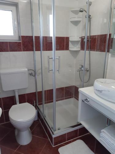 a bathroom with a shower and a toilet and a sink at Apartment Pag 16100c in Pag