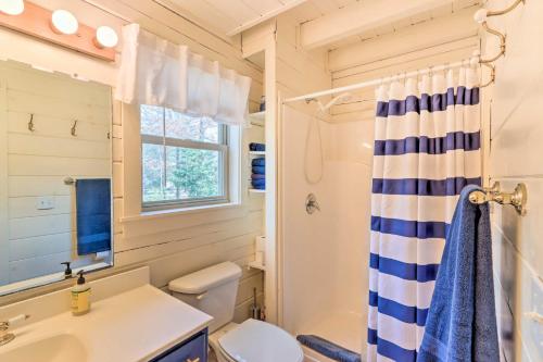 ein Bad mit einem WC, einem Waschbecken und einer Dusche in der Unterkunft Awesome Murphy Cabin with Dock on Nottely River in Murphy