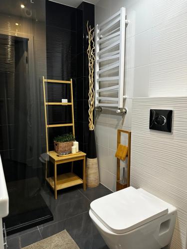 W łazience znajduje się biała toaleta i prysznic. w obiekcie Apartament Słoneczny Gródek 30 w mieście Gródek Nad Dunajcem