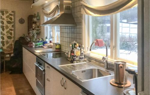 um balcão de cozinha com um lavatório e uma janela em Stunning Home In Tby With Kitchen em Täby