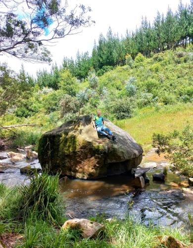 a man sitting on a large rock in a river at Diamond Vault Rustic Mountain Cabins in Hogsback