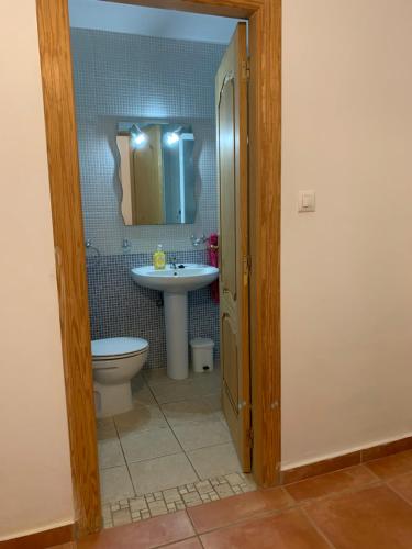 a bathroom with a sink and a toilet and a mirror at Lavender Lodge Almeria in Arboleas