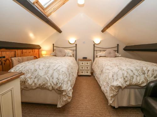 a bedroom with two beds in a room at Bwthyn Ael Y Bryn in Dolbenmaen