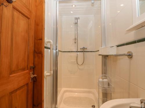La salle de bains est pourvue d'une douche, de toilettes et d'un lavabo. dans l'établissement Bwthyn Ael Y Bryn, à Dolbenmaen