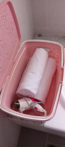 einem rosa Behälter mit einer Bürste und Handtüchern darin in der Unterkunft Appart luxueux S plus 2cc ,cité Ghazela ,Ariana, à10 min de l'aéroport in Jafar