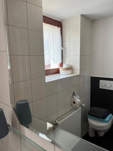 a bathroom with a toilet and a window at Alte Druckerei in Quedlinburg