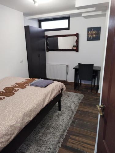 - une chambre avec un lit, une table et un miroir dans l'établissement Ultracentral Apartment Villa ELENA Palas Mall, à Iaşi