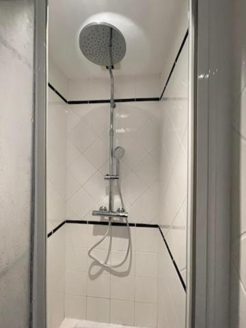 une douche avec pommeau de douche dans une salle de bain dans l'établissement APPARTEMENT LES PIEDS DANS L'EAU, à Batz-sur-Mer