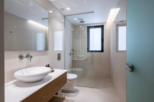 e bagno con lavandino, servizi igienici e doccia. di Apollon City Suites a Città di Kos