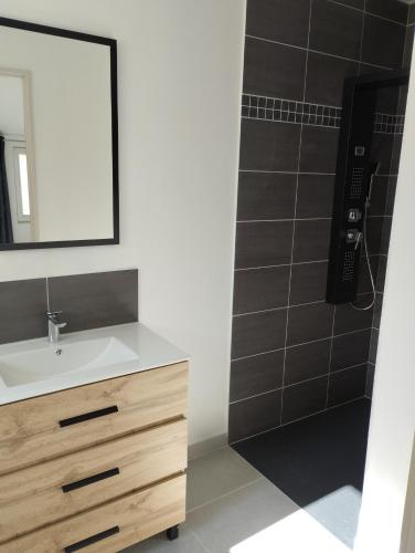 W łazience znajduje się umywalka, lustro i prysznic. w obiekcie Appartement meublé et tout confort, au milieu de la campagne w mieście Saint-Paul-Trois-Châteaux