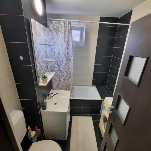 a bathroom with a sink and a toilet and a tub at Apartament KEPA din Piatra Neamt in Piatra Neamţ