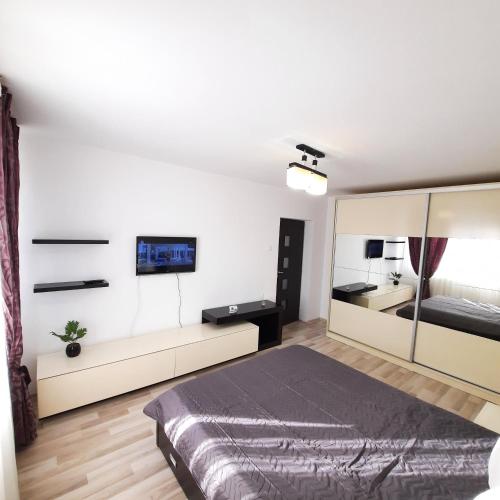 a bedroom with a bed and a mirror at Apartament KEPA din Piatra Neamt in Piatra Neamţ