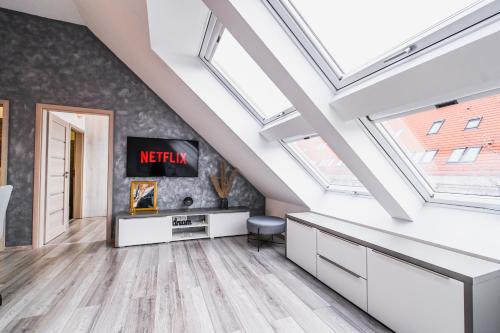 an attic living room with skylights and a tv at Luxury apartment in the city center in Bratislava