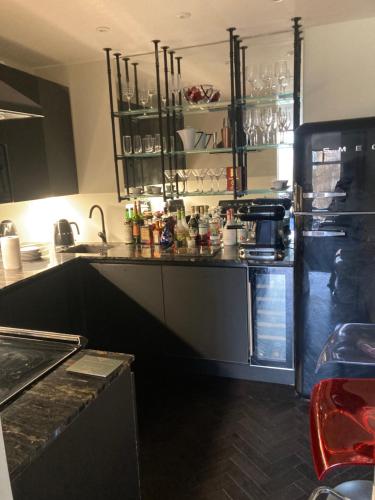 a kitchen with a refrigerator and a counter top at Luxury Designer Apartment River view of Parliament Westminster Big Ben. in London