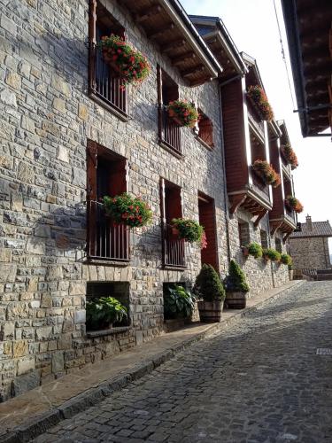 a stone building with potted plants on the windows at Apartamentos Lausan in Gavín