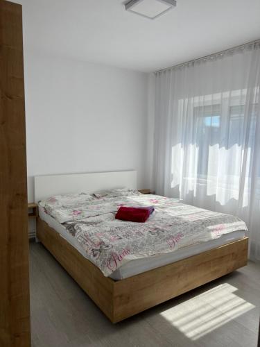 een slaapkamer met een bed met een rood kussen erop bij Nicola Flat Mall in Arad