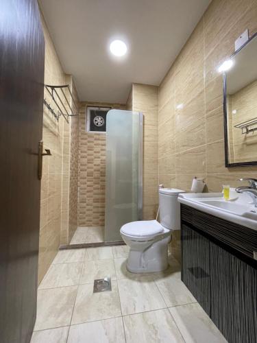 a bathroom with a toilet and a shower and a sink at Petra Sofsaf Hotel in Wadi Musa