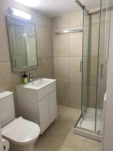 a bathroom with a shower and a toilet and a sink at Alex Beach Apartment 203 in Larnaka