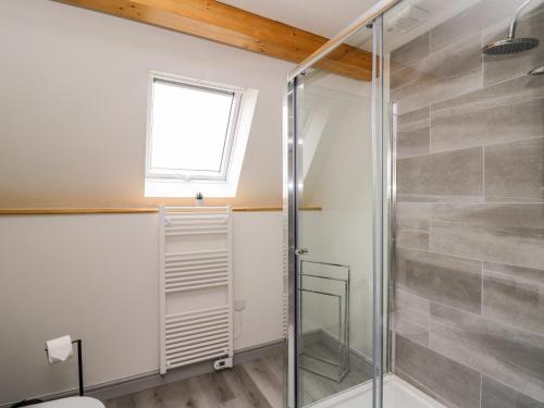 een badkamer met een douchecabine en een raam bij Brecknock Cheviot - The Sheepfold in Llandrindod Wells