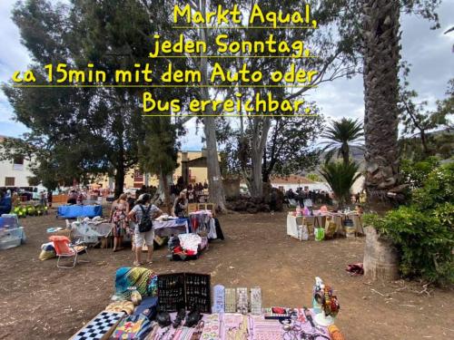 a market in a park with a table full of merchandise at casa Christina in Puerto de Tazacorte