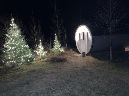 a group of christmas trees and a cabin with lights at Paradise near Reykjavik w. Sauna - Northern Lights in Mosfellsbær