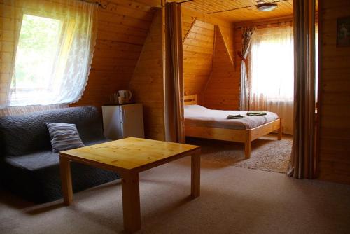 Rozhanka NizhnyayaにあるСхили Карпатのベッド、ソファ、テーブルが備わる客室です。