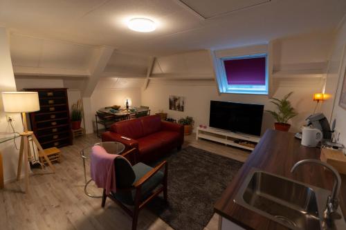 een woonkamer met een rode bank en een televisie bij de lange adem in Millingen aan de Rijn