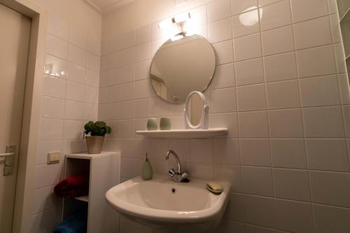 een badkamer met een wastafel en een spiegel bij de lange adem in Millingen aan de Rijn