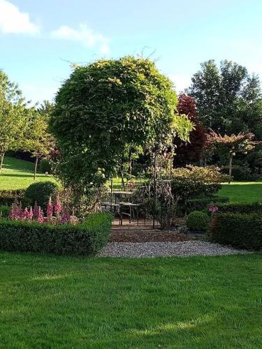a park with a bench and flowers in the grass at Le Clos des Marronniers in Ecques