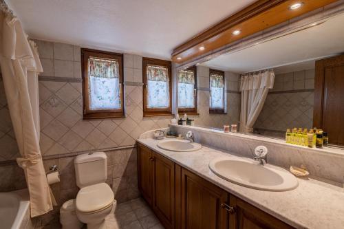 a bathroom with a sink and a toilet and a mirror at Villa Stefanos in Katochori