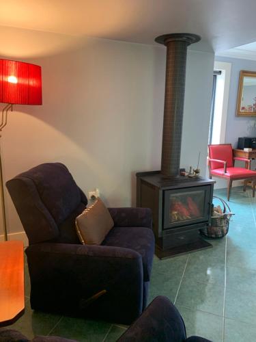 a living room with a couch and a wood stove at Akyra in Trentham