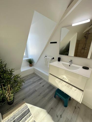 a bathroom with a sink and a mirror at L'ENSOLEILLÉ - Classé 2 étoiles - Nay centre - Appartement in Nay