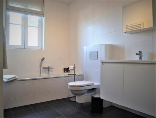 een witte badkamer met een toilet en een wastafel bij Caramia, Duinhof 5-1-14, Romantic apartment by the sea in Cadzand-Bad