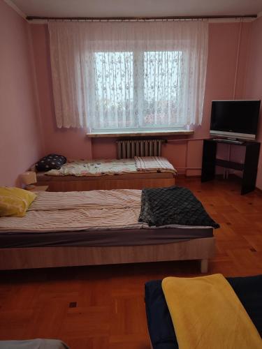 two beds in a room with a window and a television at Warszawska 
