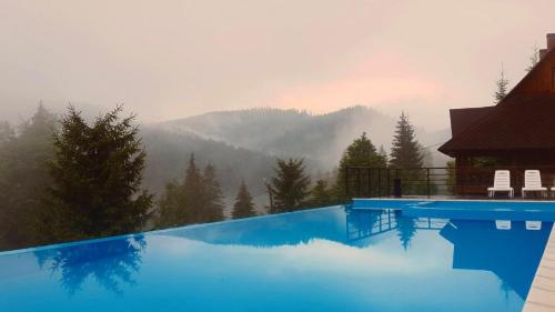 a swimming pool with a view of a mountain at Схили Карпат in Rozhanka Nizhnyaya