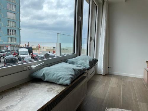 a window seat with a pillow in front of a window at Sunny Seaview in Ostend